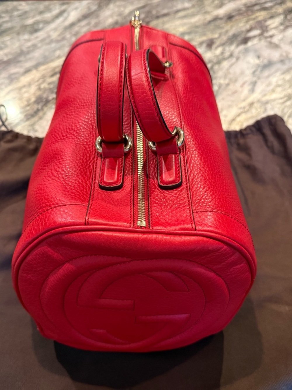 Gucci Red Pebbled Leather Barrel Shoulder Bag